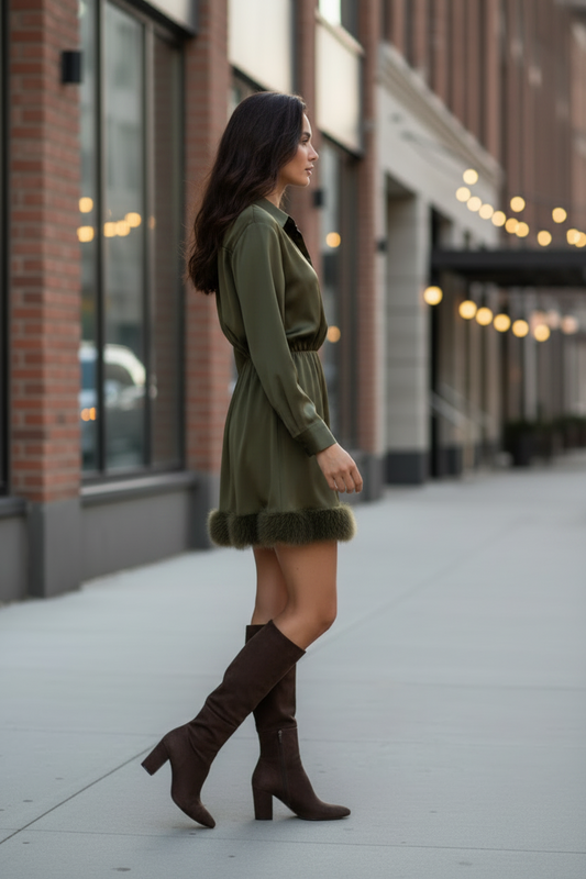 Long Sleeve Button up Faux Fur Dress