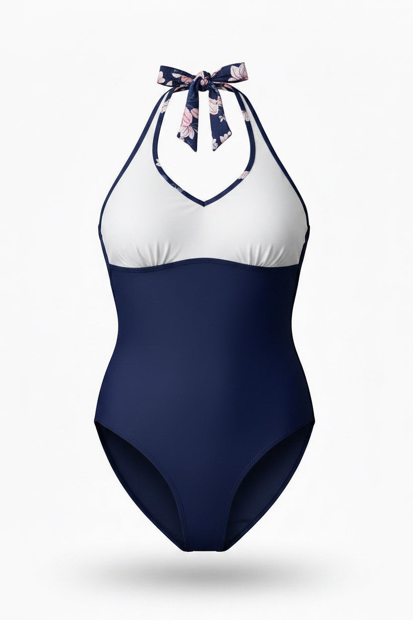 NWT Size M - Women's Blue Pink White Floral Halter One-Piece Swimsuit - Image 3
