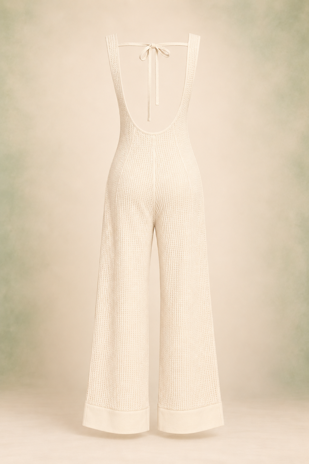 Zenana CP-3456Y Cream waffle-knit wide-leg jumpsuit, back ghost mannequin view