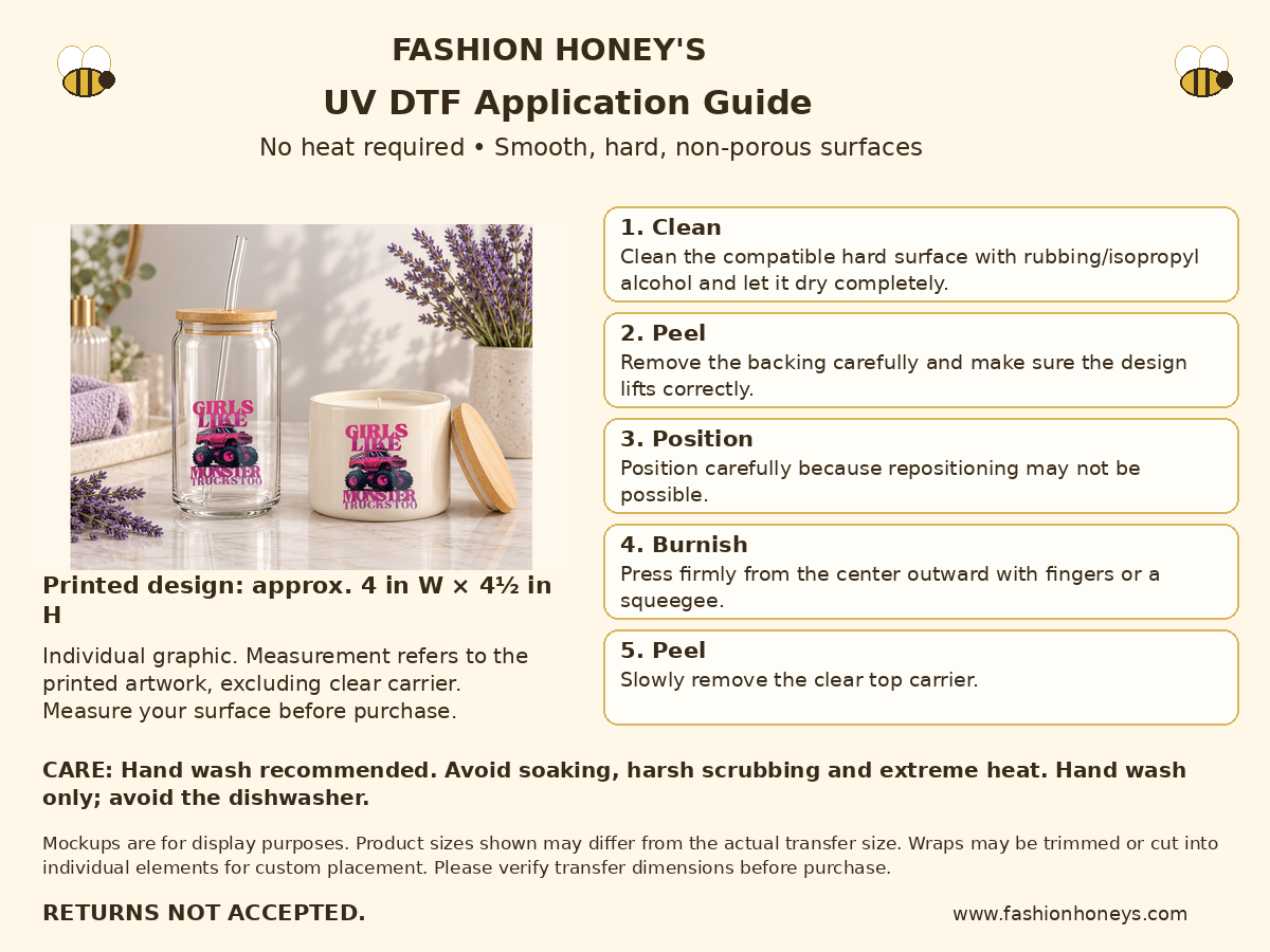 Girls Like Monster Trucks Too pink monster truck UV DTF transfer Application Guide