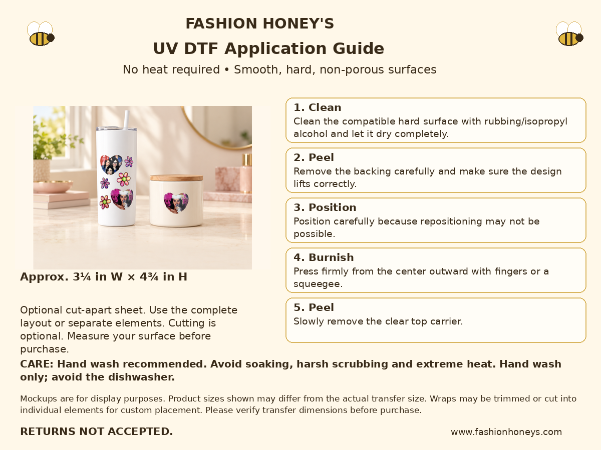 Fashion Honey's five-step no-heat UV DTF application guide with approximate 3¼ by 4¾ inch size and care instructions