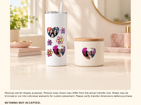 UV DTF portrait hearts and flowers on a white tumbler with optional cut-out portrait heart on a ceramic candle jar