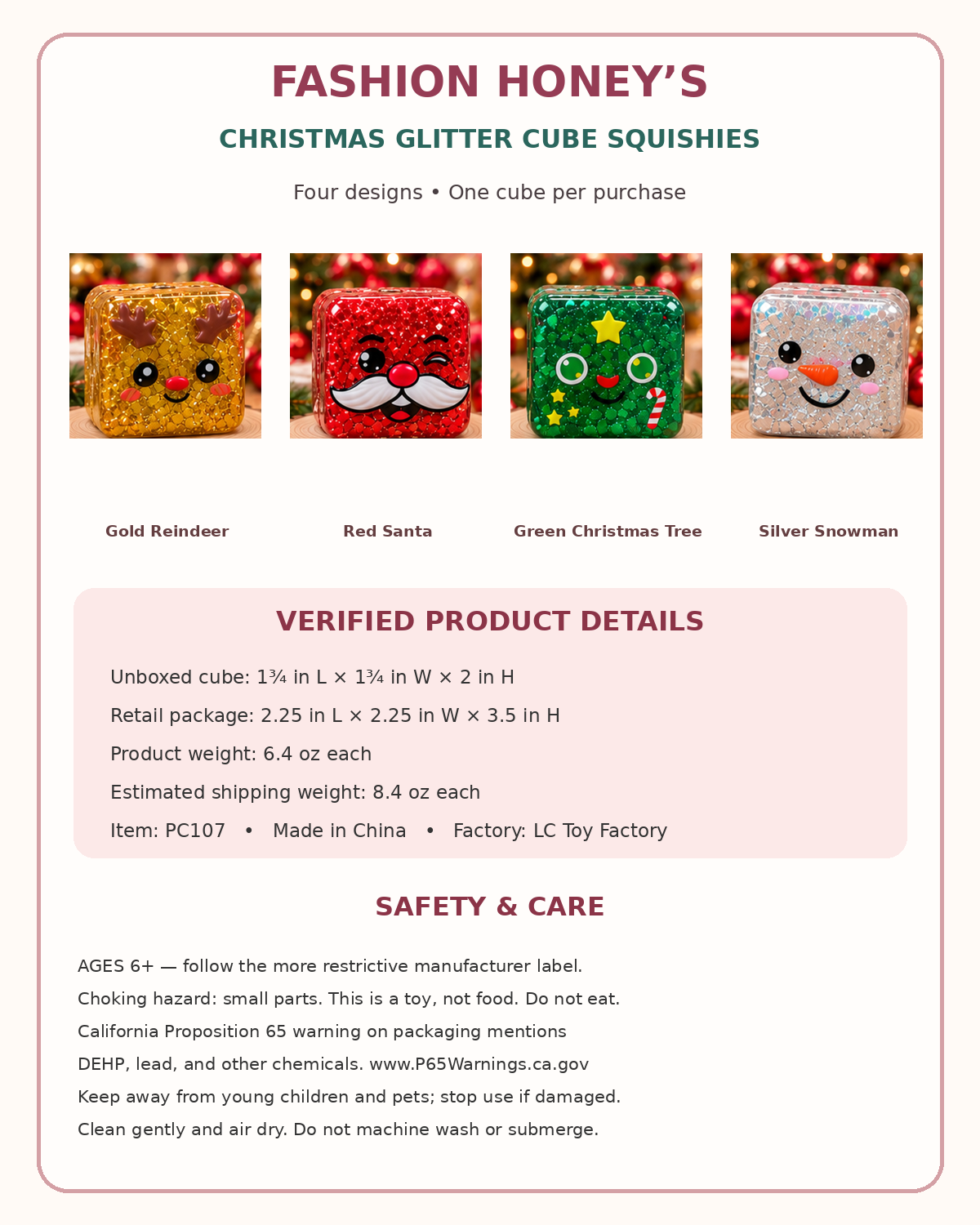 Christmas glitter cube measurements and safety guide