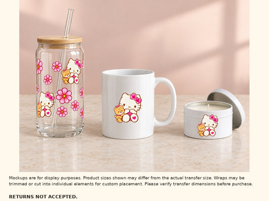 UV DTF wrap on glass can cup with optional cut-apart kitty on ceramic mug and candle tin