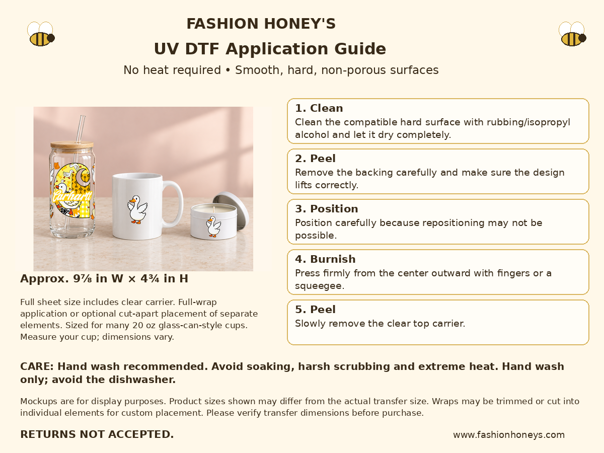 Fashion Honey's UV DTF application guide — no heat, full carrier sheet 9⅞ × 4¾ inches