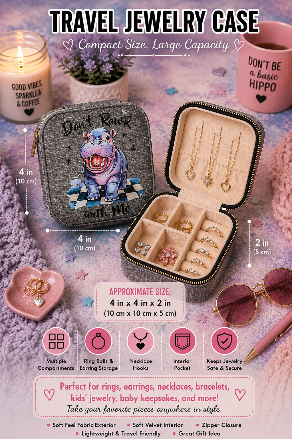 “Rawr” Hippo Travel Jewelry Case
