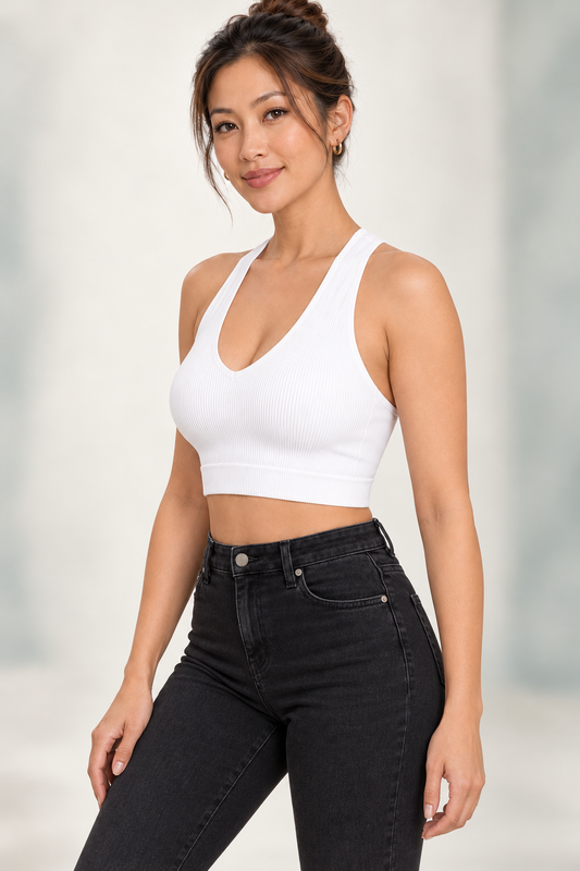 Zenana NT-6133A padded ribbed crop brami in White, left three-quarter front view