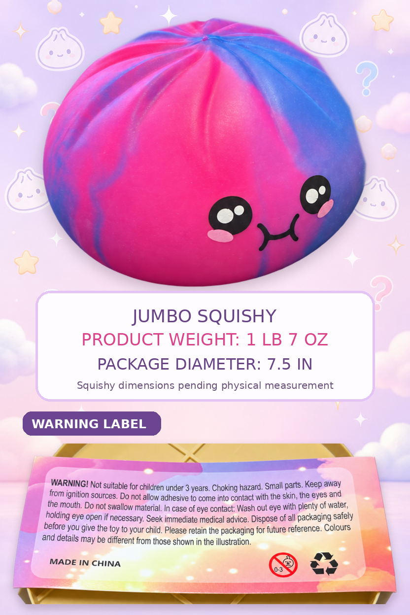 Jumbo pink-and-blue dumpling squishy product-information graphic with package measurements and safety label