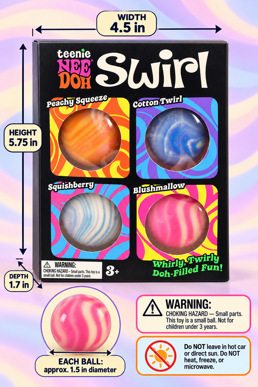 Teenie NeeDoh Swirl four-pack with approximate ball and package dimensions and safety warnings