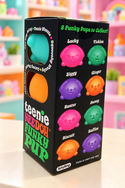Teenie NeeDoh Funky Pup package side showing eight collectible character expressions