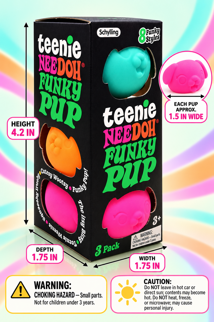 Teal, orange and pink Funky Pup 3-pack with size annotations and choking and temperature warnings
