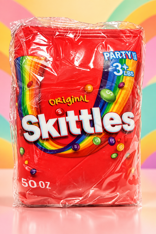 Individually wrapped red candy-package foam squishy toy with Skittles artwork