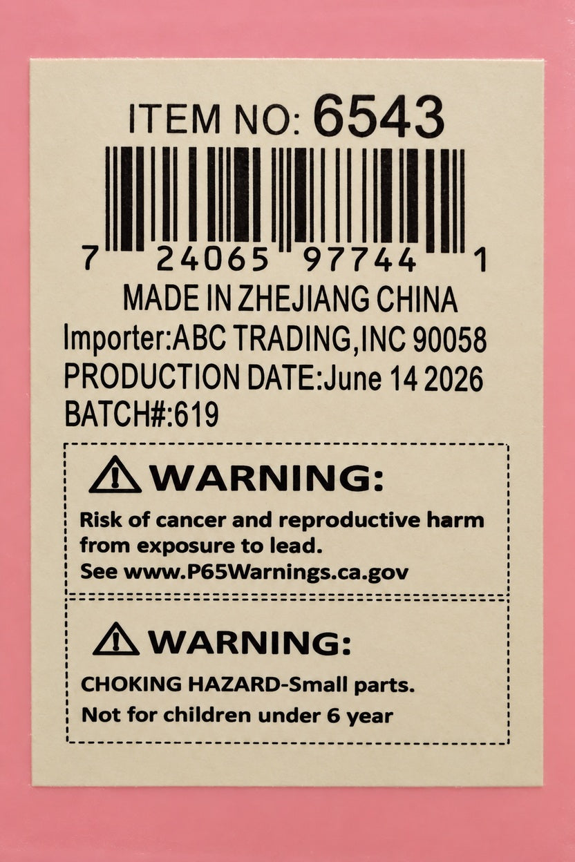 Straight-on close-up of item number, barcode, production details and warnings