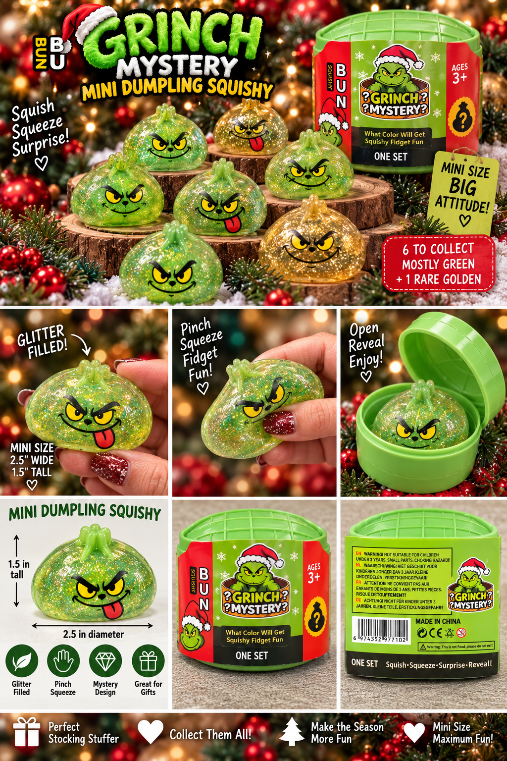 Mini Grinch mystery dumpling glitter pinch squishy guide with 2.5 inch diameter, 1.5 inch height, packaging and safety information