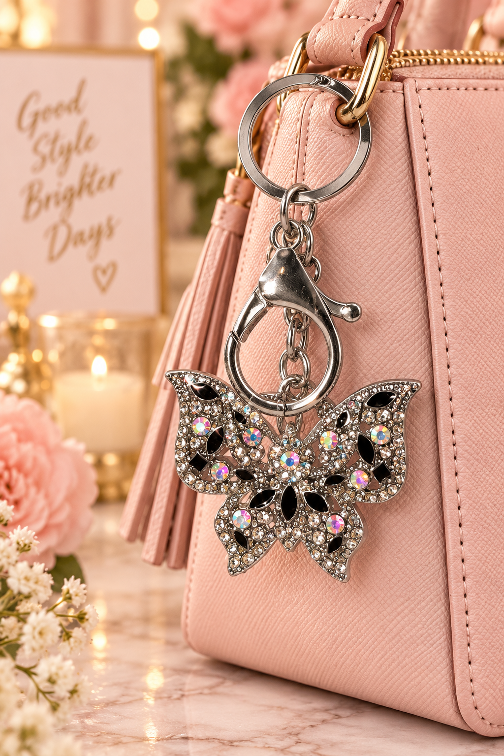 Silver-tone black rhinestone butterfly keychain on blush handbag