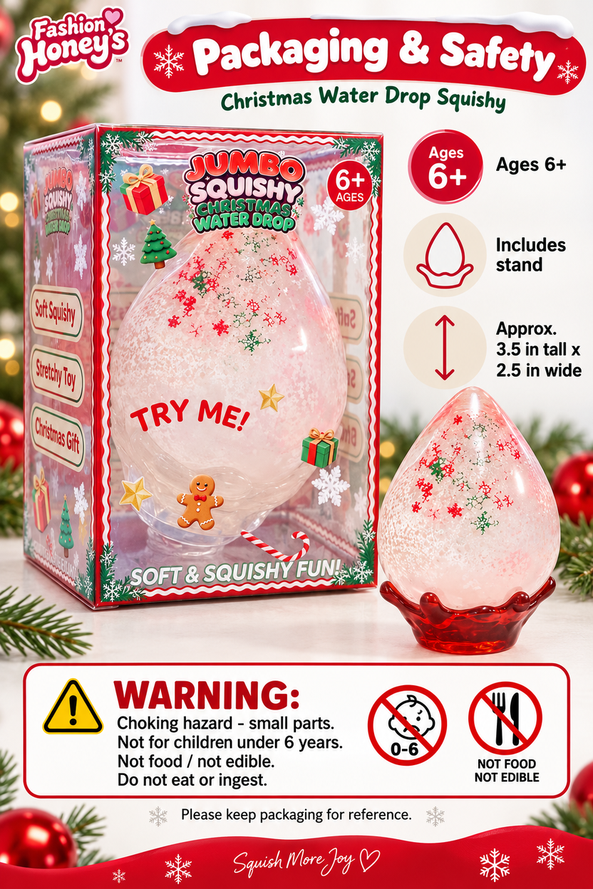 Christmas Water Drop squishy packaging and safety information