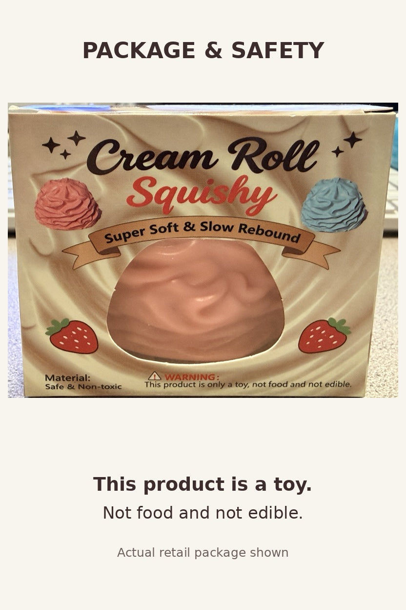 Cream Roll Squishy actual package and warning: toy, not food, not edible