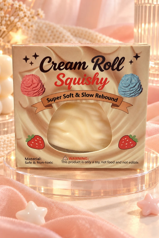 White Cream Roll Squishy in its retail package on a warm styled display