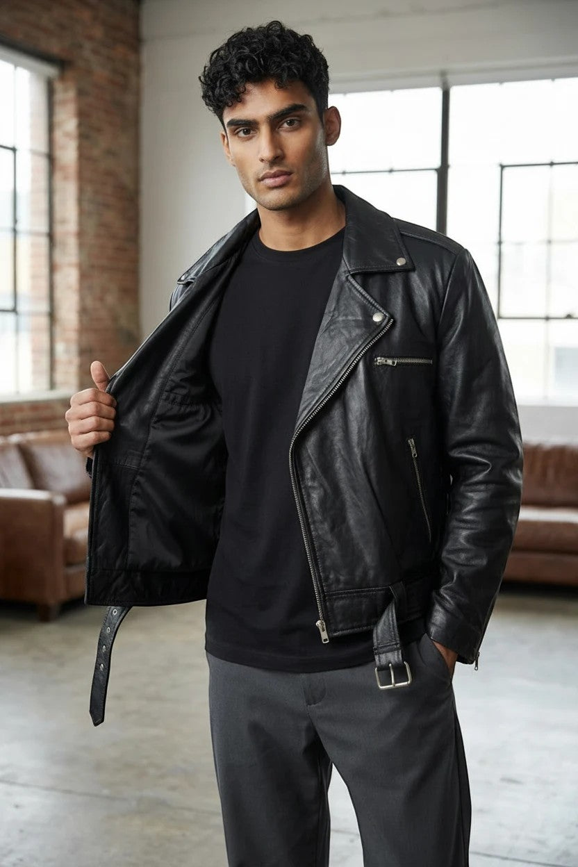 Fashion Honey's men's black leather biker jacket with a point collar, zip closure, and belted waist on a male model.
