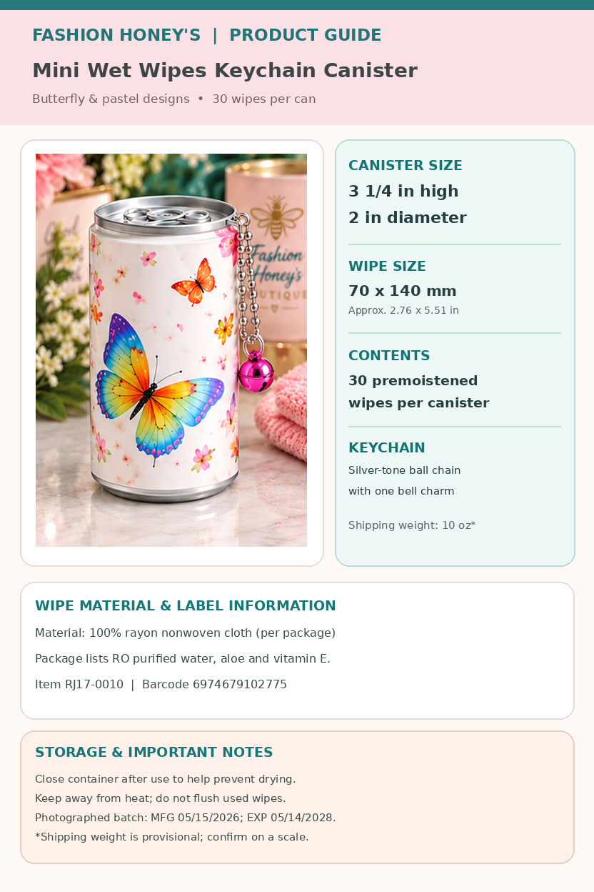 Mini wet wipes canister size and product guide: 3 1/4 inches tall, 2 inch diameter, 30 wipes per can, wipe size 70 x 140 mm, packaging details