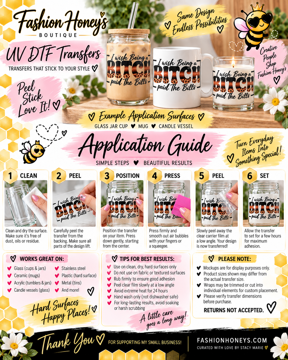Fashion Honey's bee-themed UV DTF application guide