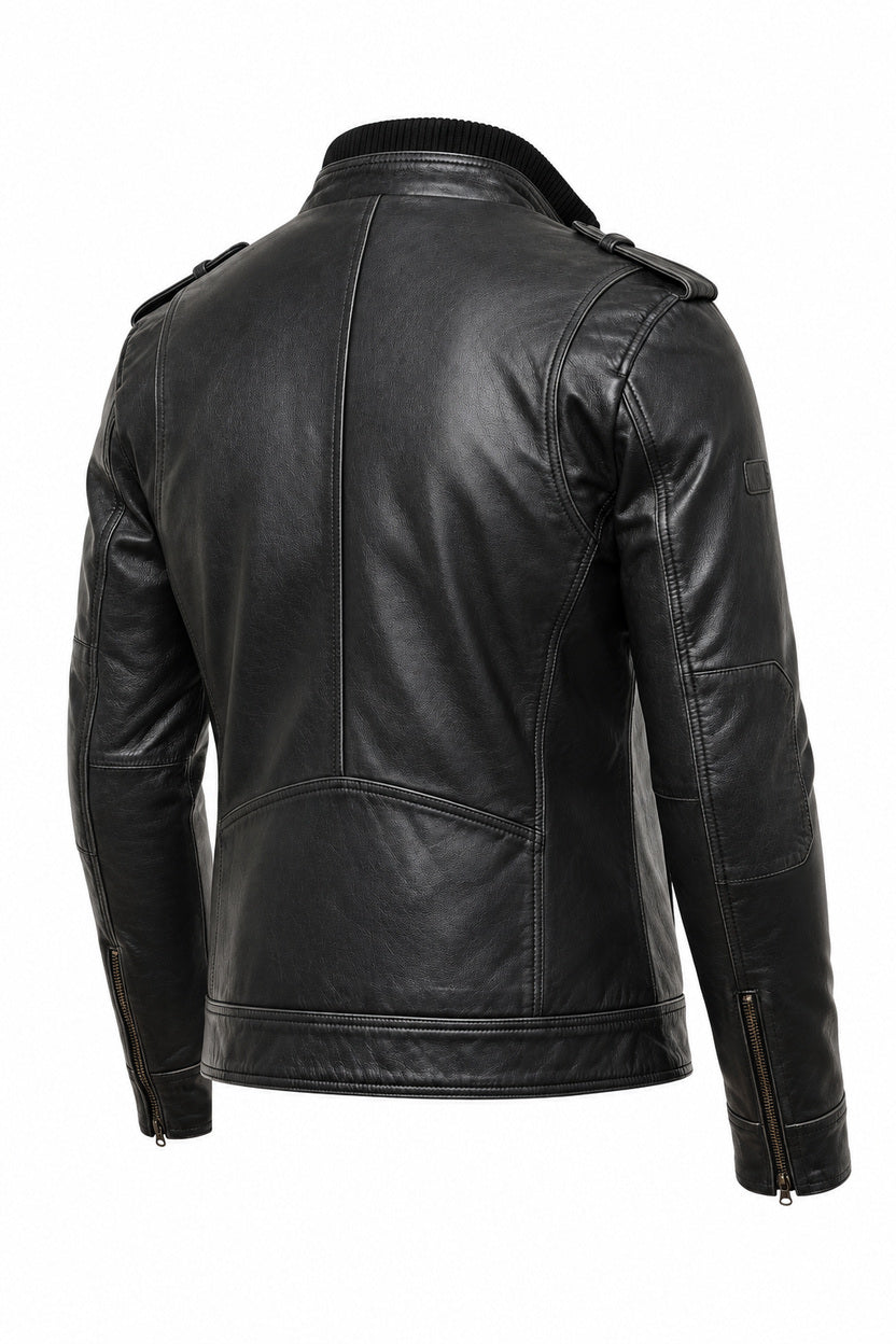 Stone Black Leather Biker Jacket