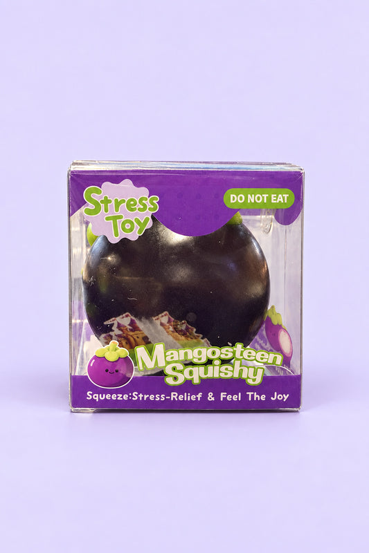 Clean-background front view of purple mangosteen squishy in box; AI assisted image