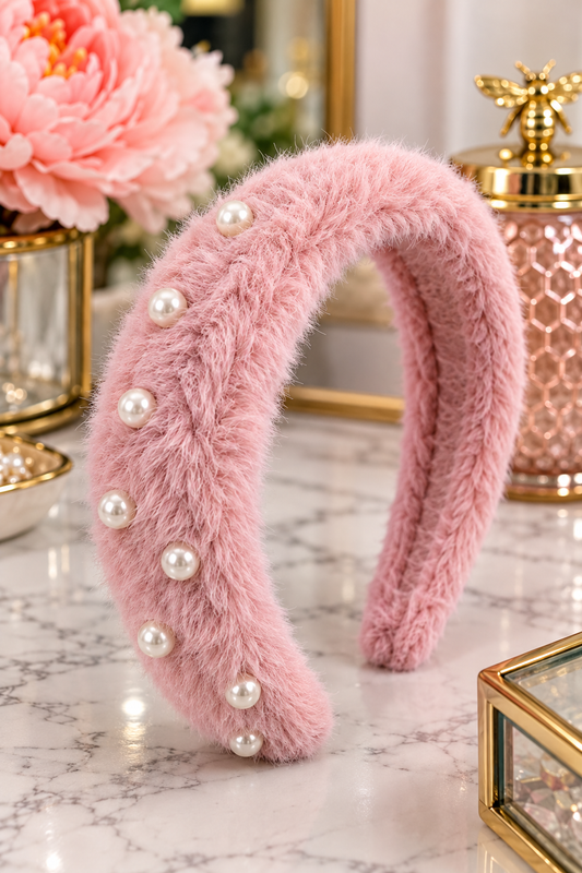 Blush Pink faux fur pearl accent padded headband