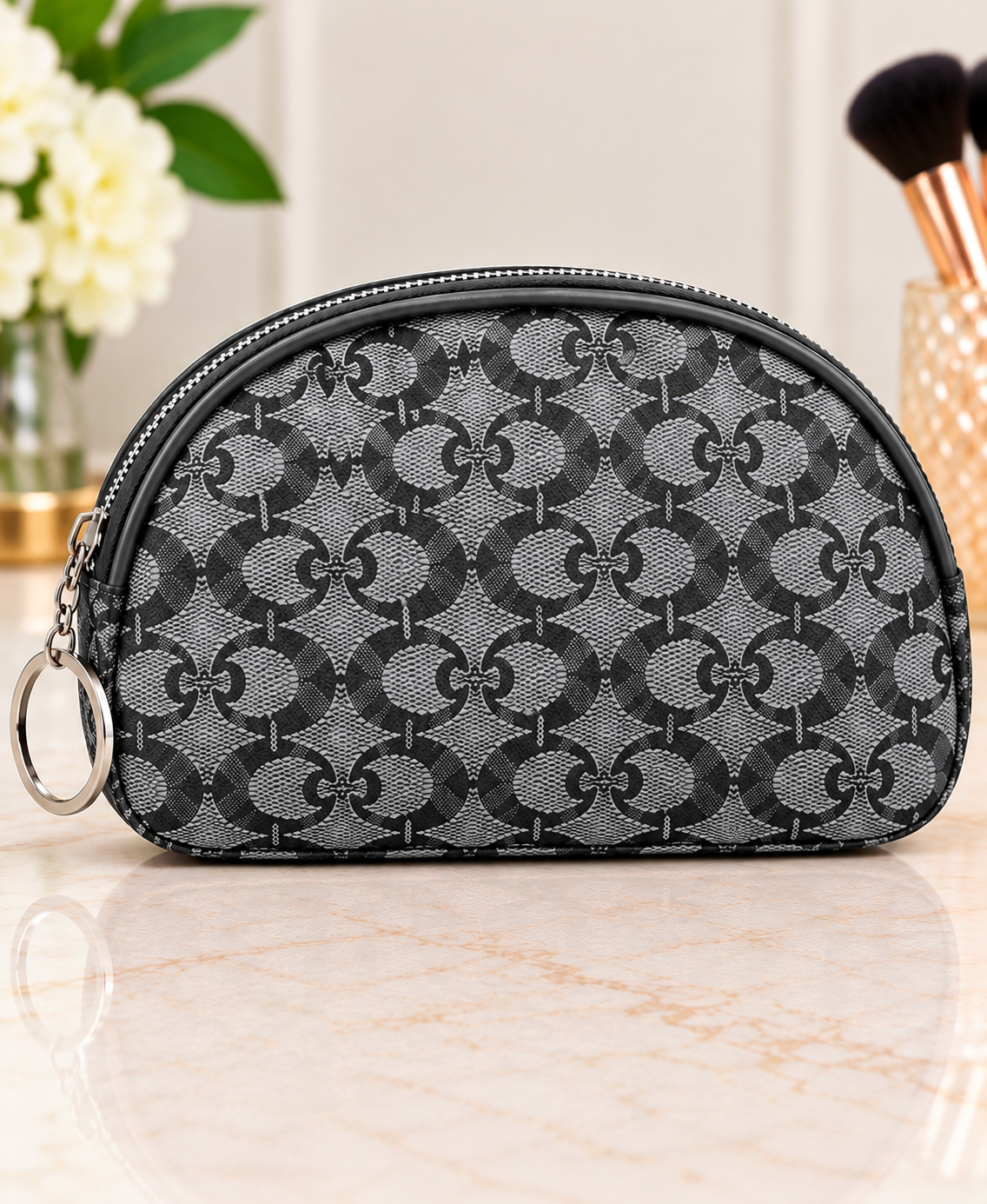 Gray half moon monogram makeup bag with one side keyring