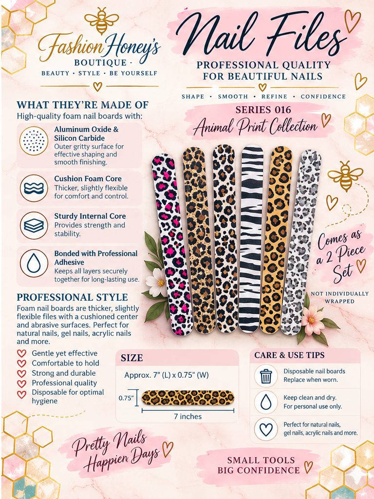 Series 016 animal print foam nail board care and material guide, two files per box, approximately 7 by 0.75 inches