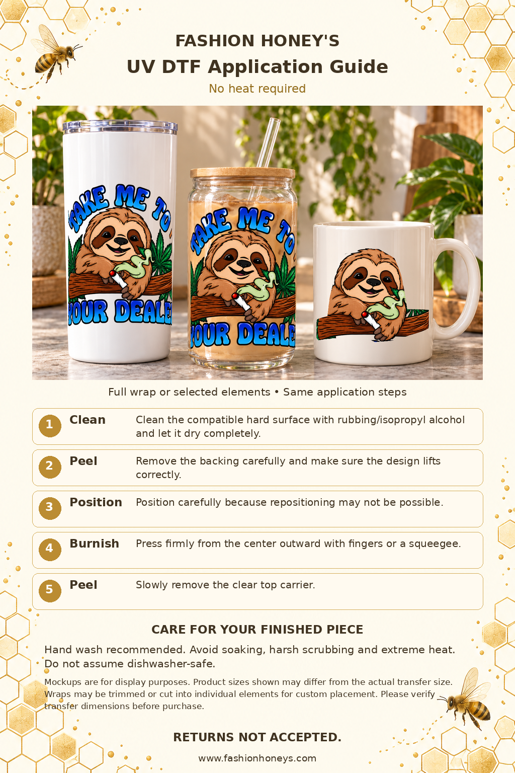 Fashion Honey's bee-themed UV DTF application guide with no heat steps and care