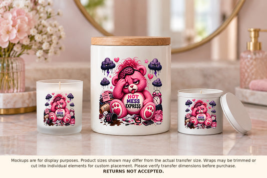 Approved Hot Mess Express UV DTF artwork applied to a ceramic canister and two candle containers; finished products not included