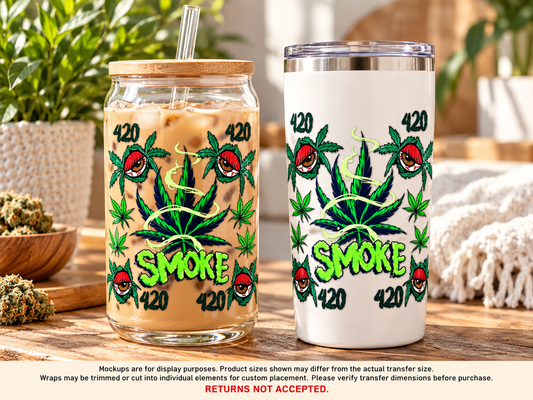 SMOKE 420 Cannabis Eyes UV DTF Cup Wrap Transfer — Optional Cut-Apart Sheet; transfer only, display products not included