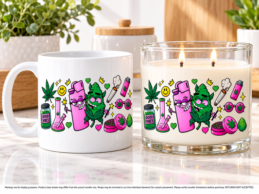 Good Vibes Pink and Green Cannabis UV DTF transfer display mockup; transfer only, display items not included
