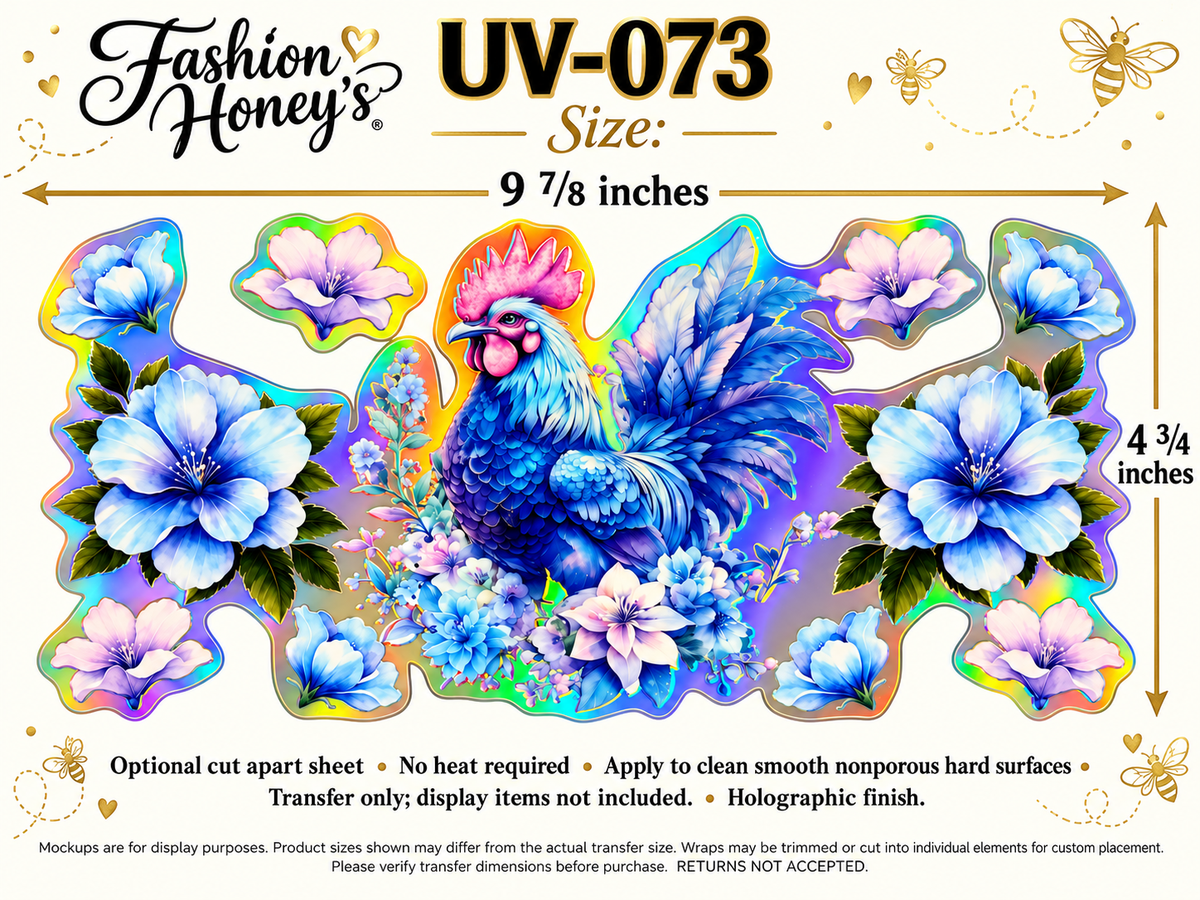 Blue Floral Rooster; transfer size and application information; transfer only