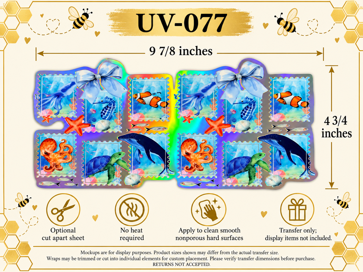 Ocean Postage Stamps Holographic; full clear carrier size and no-heat application guide; transfer only
