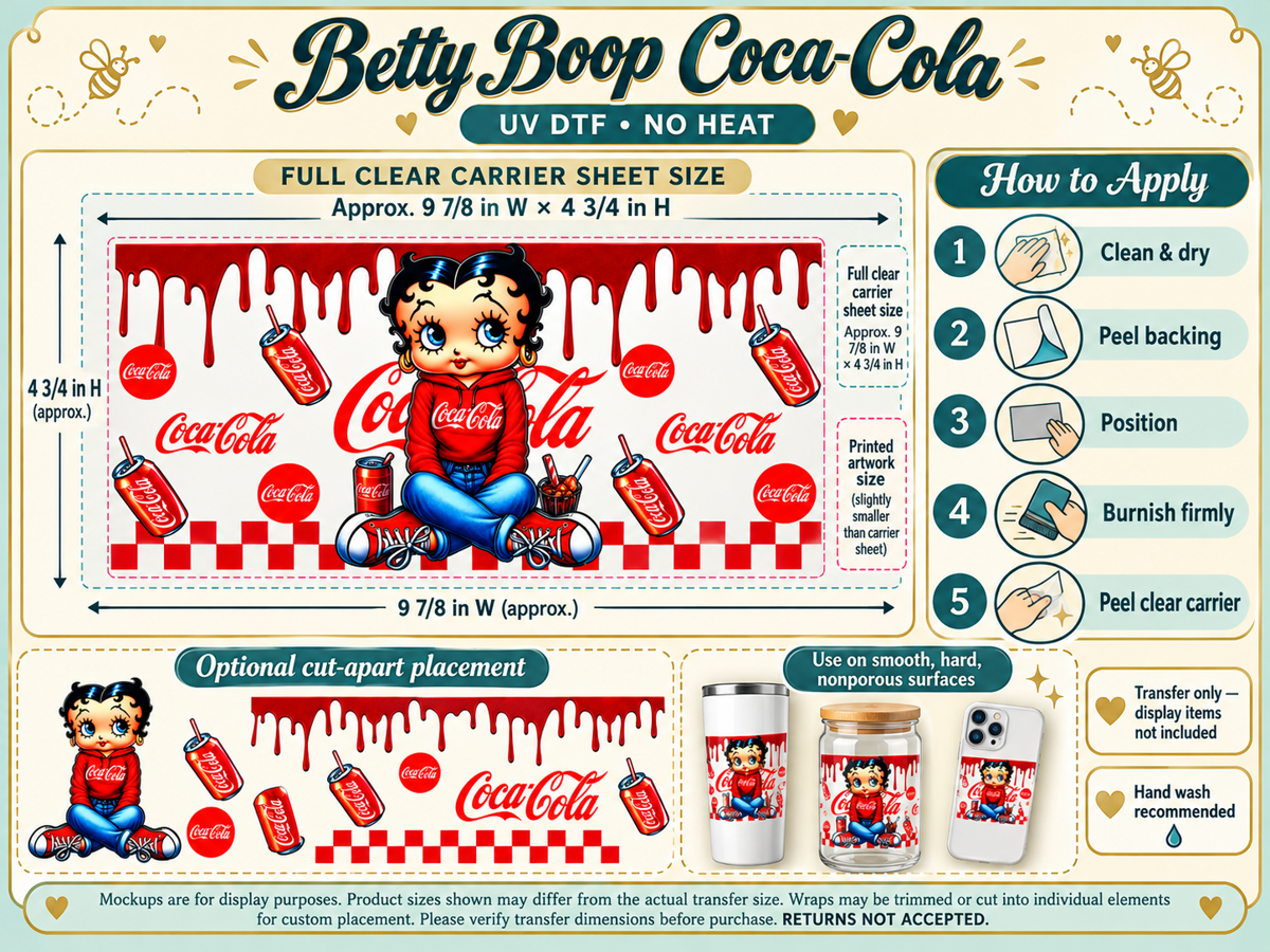 Betty Boop Coca-Cola; full clear carrier size and no-heat application guide; transfer only