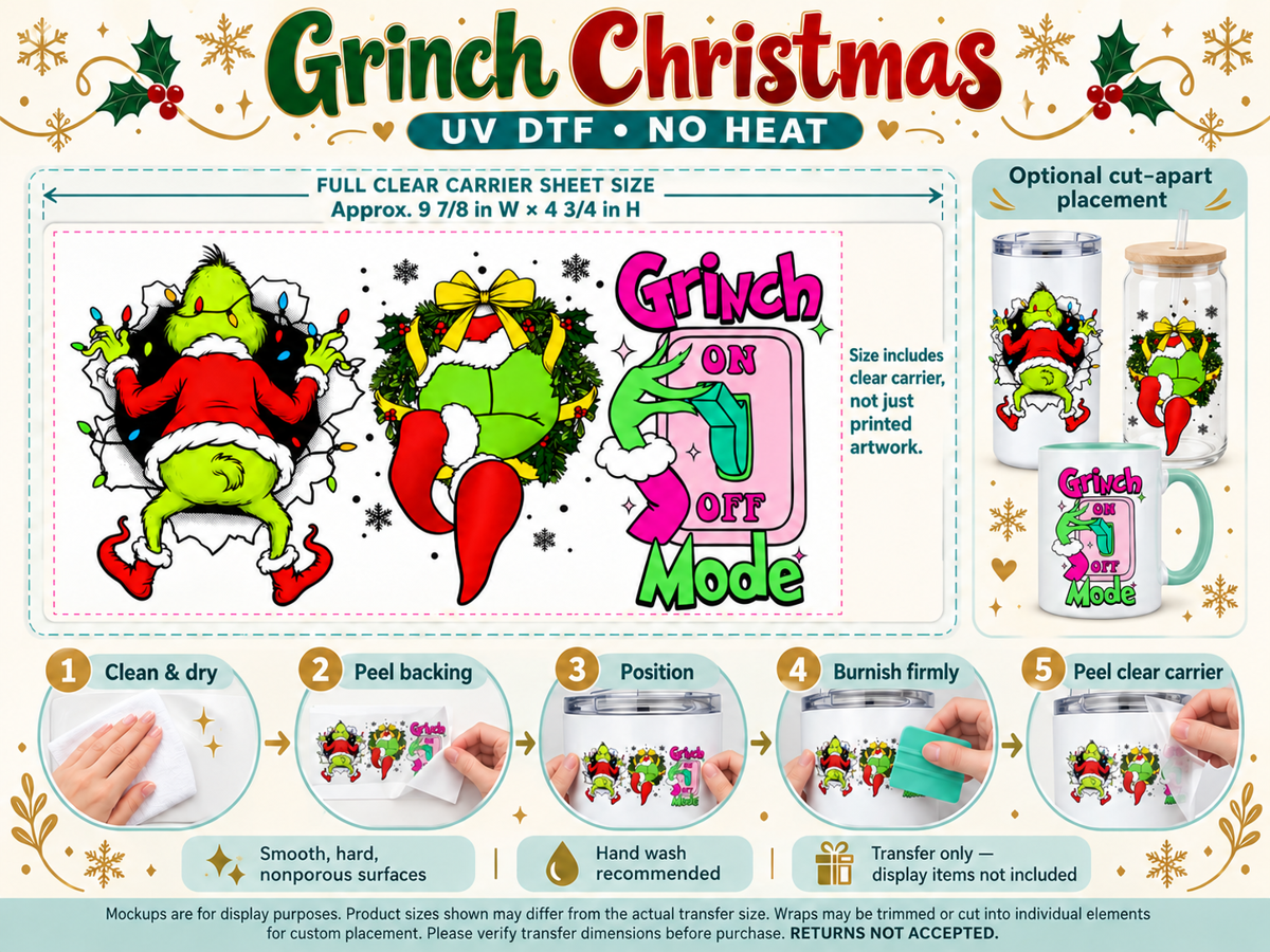 Grinch Christmas; full clear carrier size and no-heat application guide; transfer only