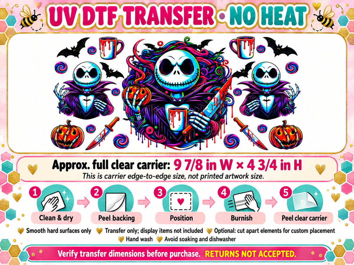 Jack Skellington Neon Halloween UV DTF transfer — carrier size and application guide
