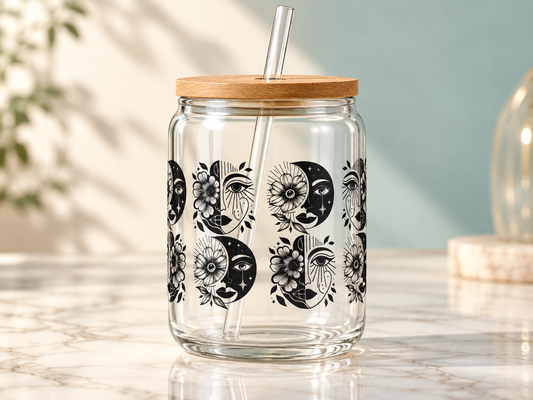 Celestial Eyes and Moons UV DTF transfer — glass cup mockup; cup not included
