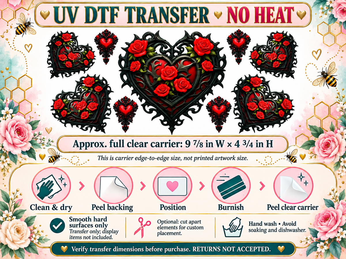 Gothic Red Rose Hearts UV DTF transfer — carrier size and application guide