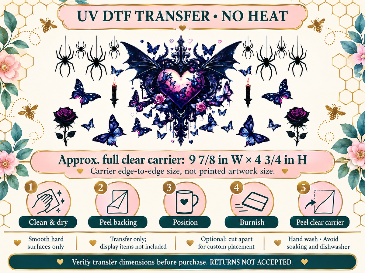 Gothic Winged Heart and Butterflies — full clear carrier size and no-heat application guide