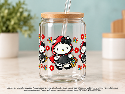 Red Hood Kitty — glass cup display mockup; cup excluded