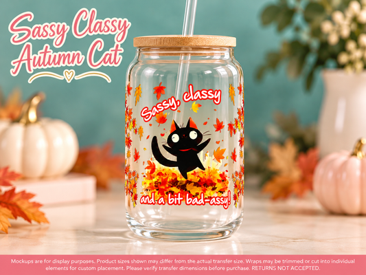 Sassy Classy Autumn Cat on glass cup — display mockup