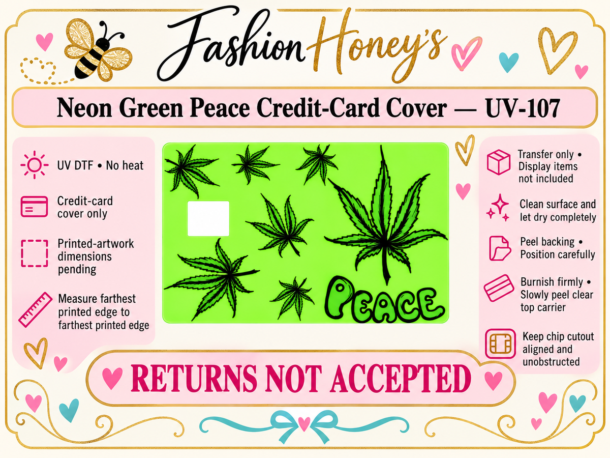 Neon green Peace UV DTF credit-card cover — application guide