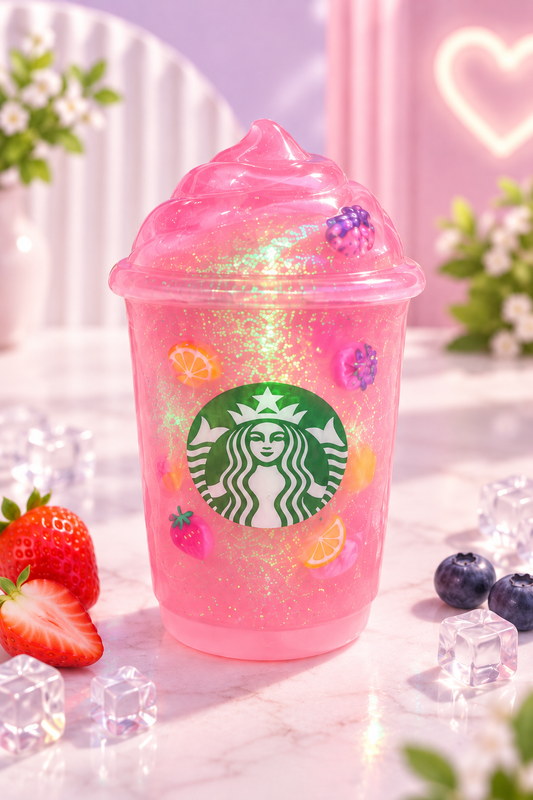 Pink fruity drink sugar pinch squishy cup with glitter and fruit pieces
