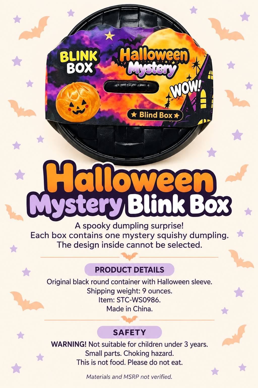 Halloween Mystery Blink Box dumpling squishy product information and safety warnings