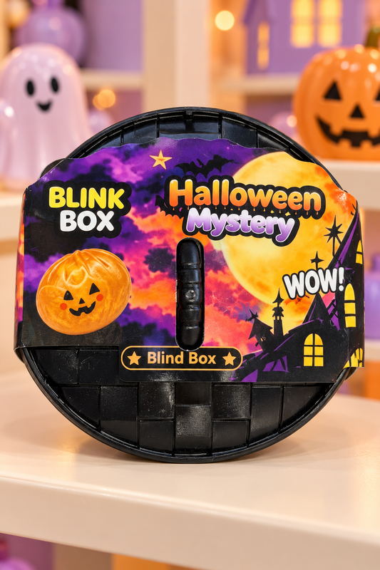 Halloween Mystery Blink Box closed dumpling squishy container in a seasonal lifestyle setting