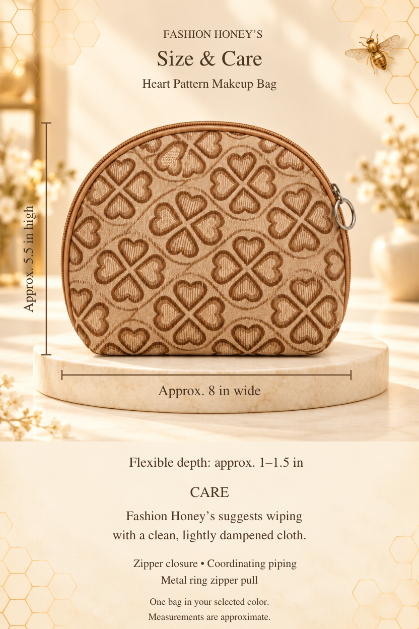 Bee-themed lifelike size and care guide: makeup bag approximately 8 inches wide by 5.5 inches high, flexible depth 1 to 1.5 inches; wipe with a clean, lightly dampened cloth