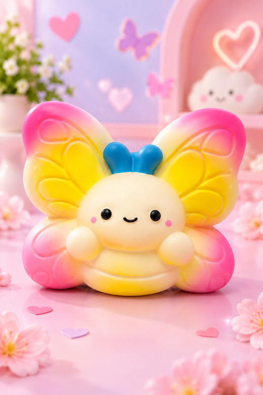 Jumbo butterfly squishy displayed outside the package in a pastel pink setting